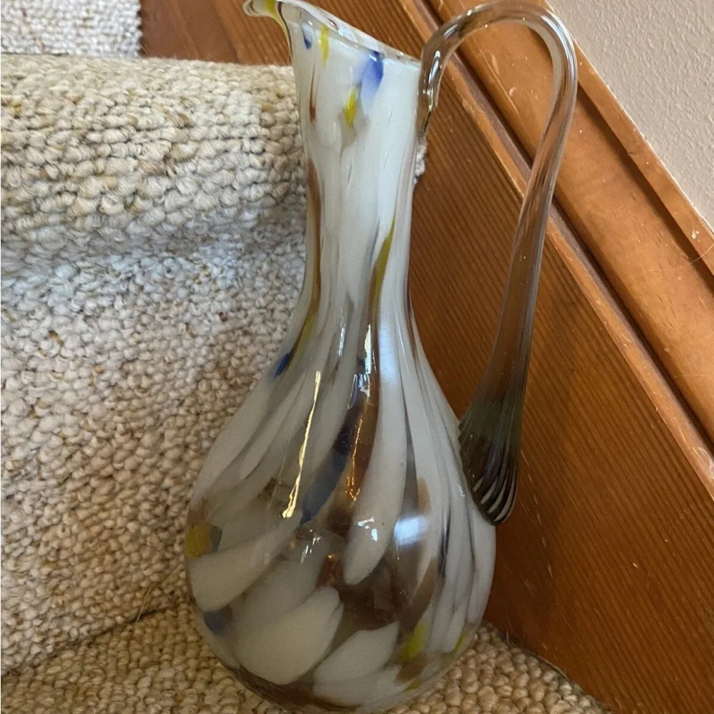 Vintage Swirled Murrhina Art Blown Glass Pitcher Vase EUC!! - Picture 1 of 11